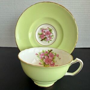 VTG Crown Staffordshire Bone China Green + Pink Tea Set "Pink Peach Blossoms"